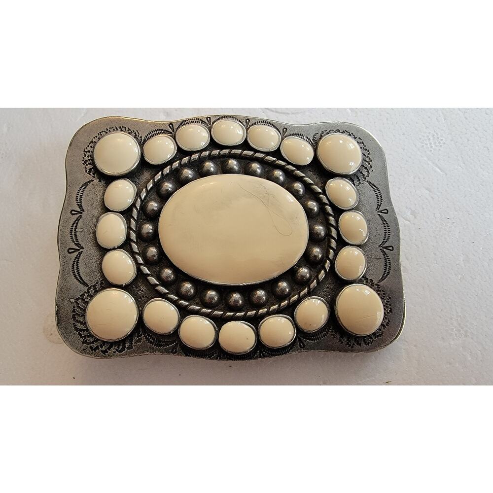 Vintage Ornate Western Silver-Tone Belt Buckle with Faux Bone Cabochons